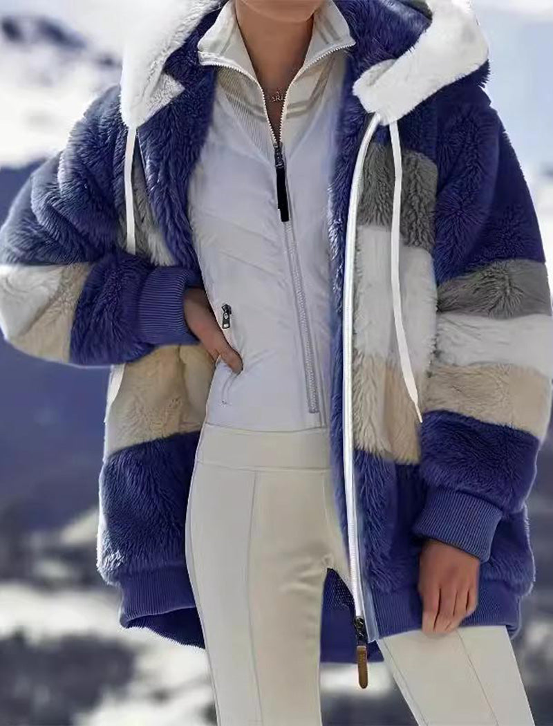 Hooded Patchwork Fuzzy Jacket