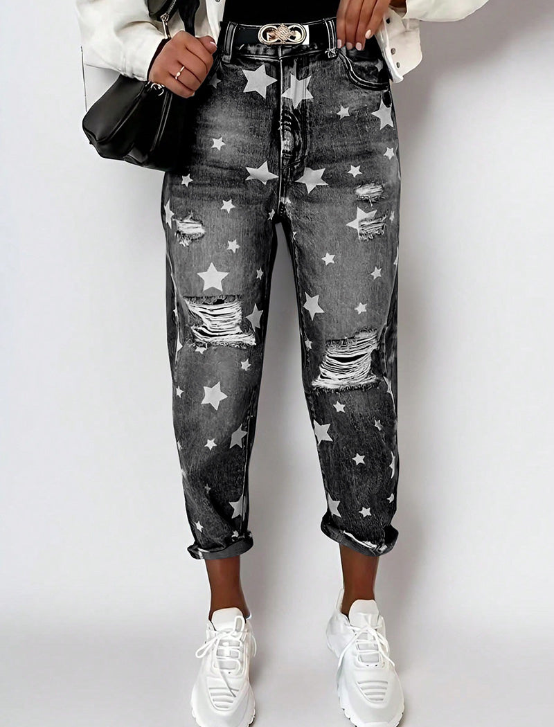 Star Print Distressed Boyfriend Jeans