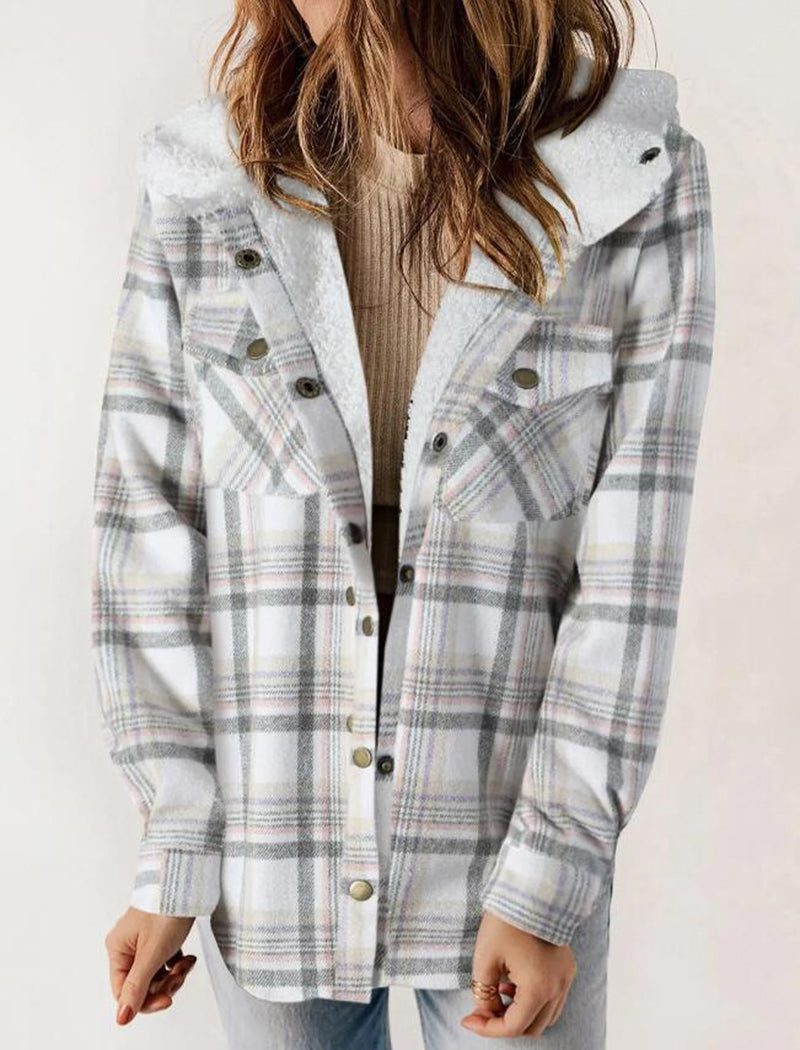 Plaid Long Sleeve Fuzzy Hooded Jacket
