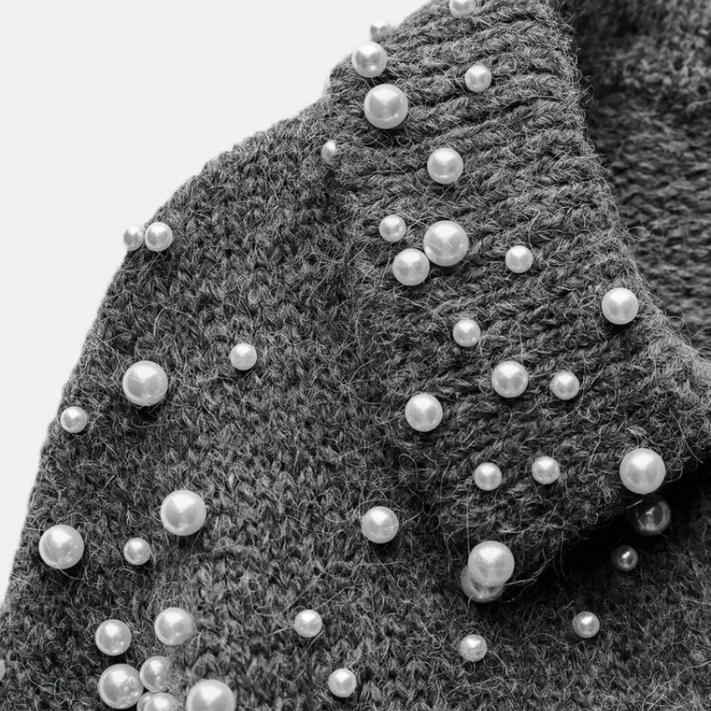 Pearl Detail Collared Long Sleeve Knit Coat