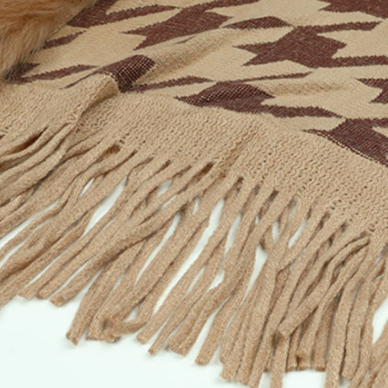 Colorblock Houndstooth Fur Collar Shawl Coat