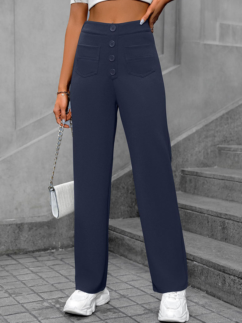 High-Rise Button-Up Straight-Leg Pants
