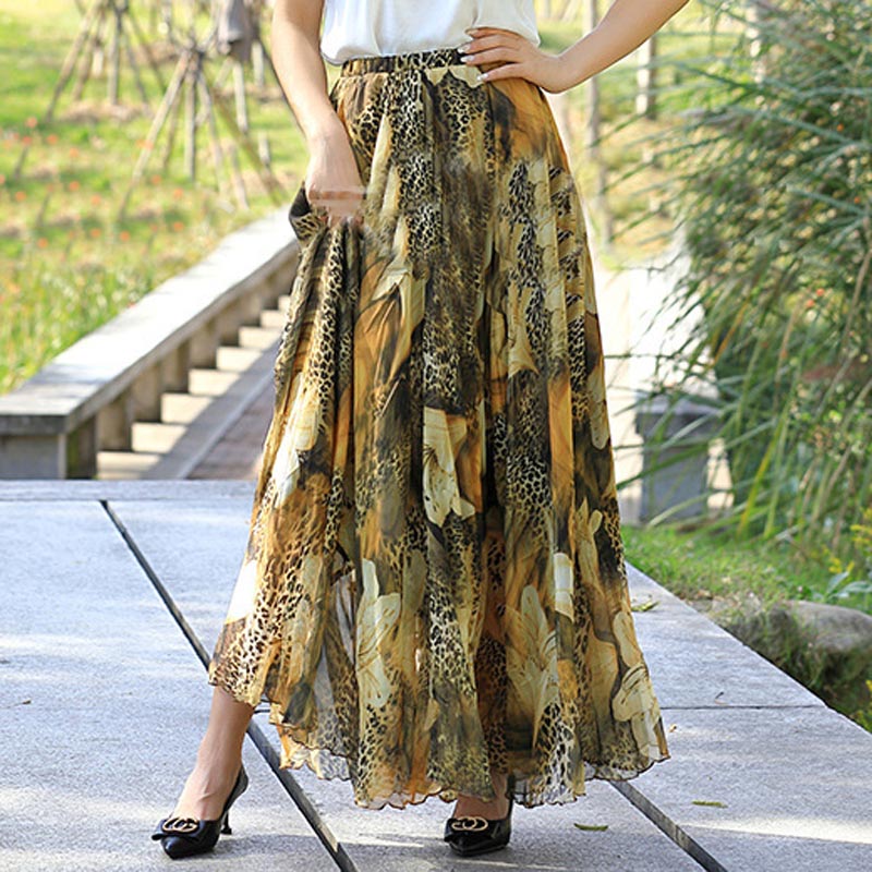 High-Waist Leopard Print Chiffon Skirt