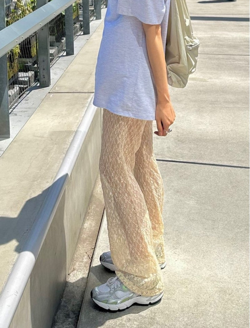 Sheer Lace Wide-Leg Pants