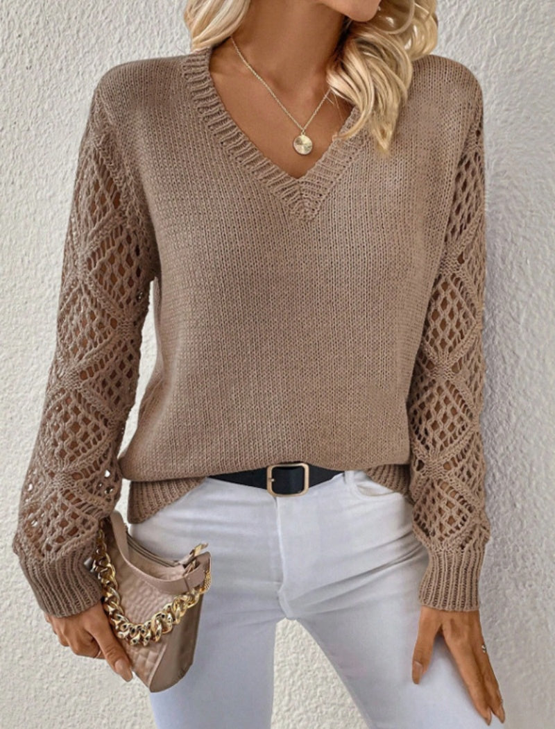 V-Neck Knit Pullover with Crochet Sleeves