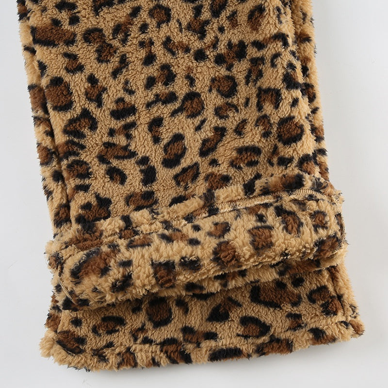 Leopard Print Tie-Waist Fuzzy Pants