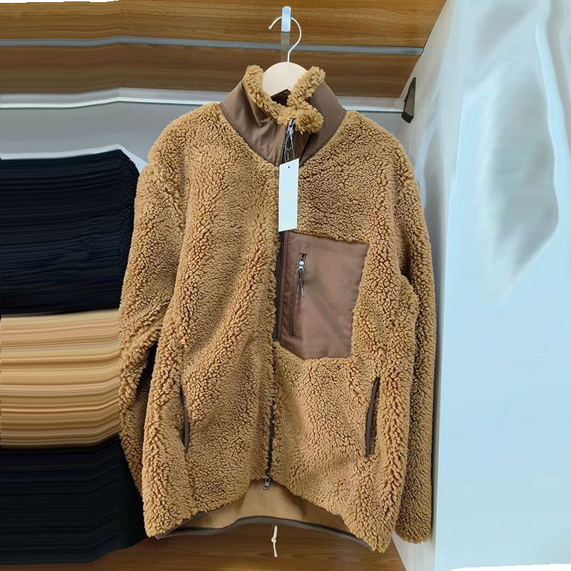 Zipper Windproof Pocket Stand Collar Fleece Coat