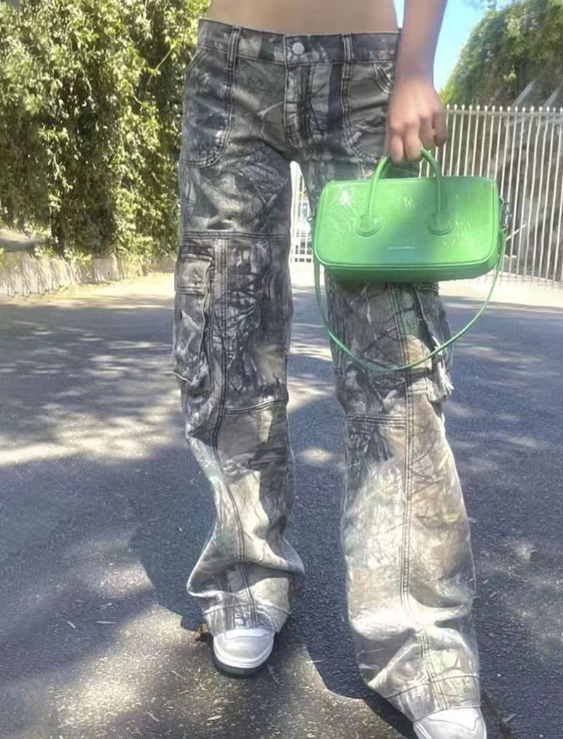 Metallic Wide-Leg Cargo Pants with Pockets