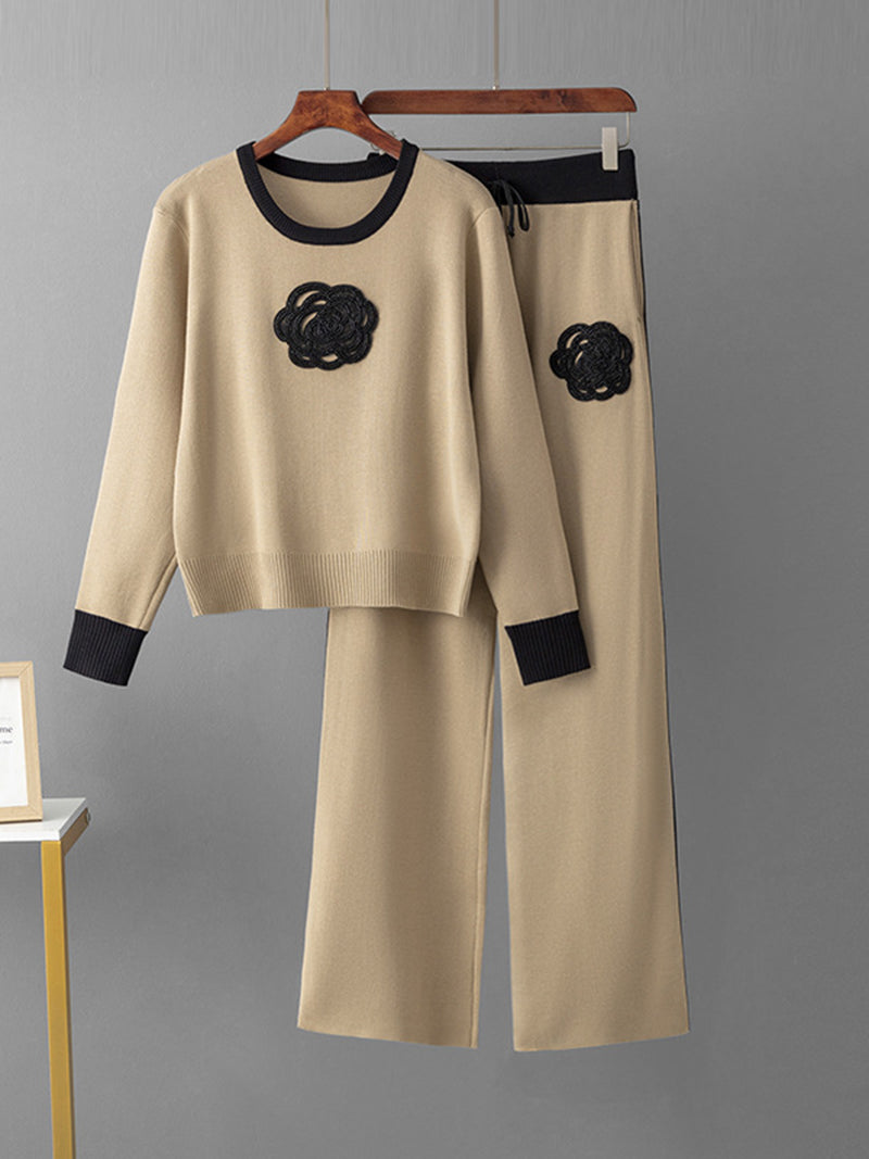 Floral Patchwork Sweater and Wide-Leg Pants Set