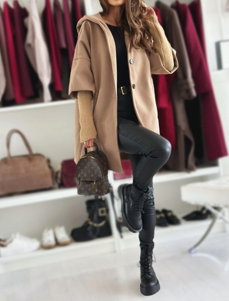 Hooded Cape Cardigan with Knit Sleeves