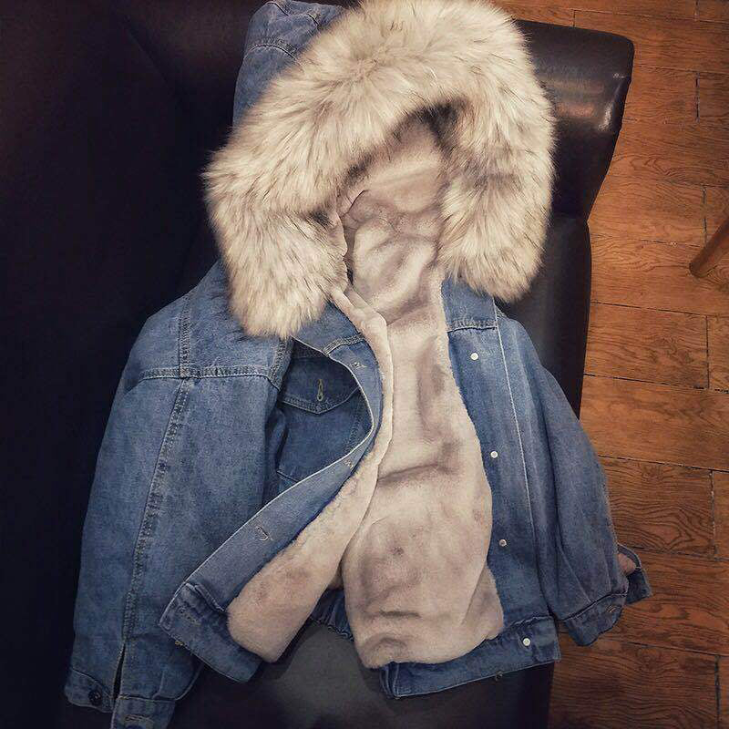 Denim Bomber Jacket with Fur Collar