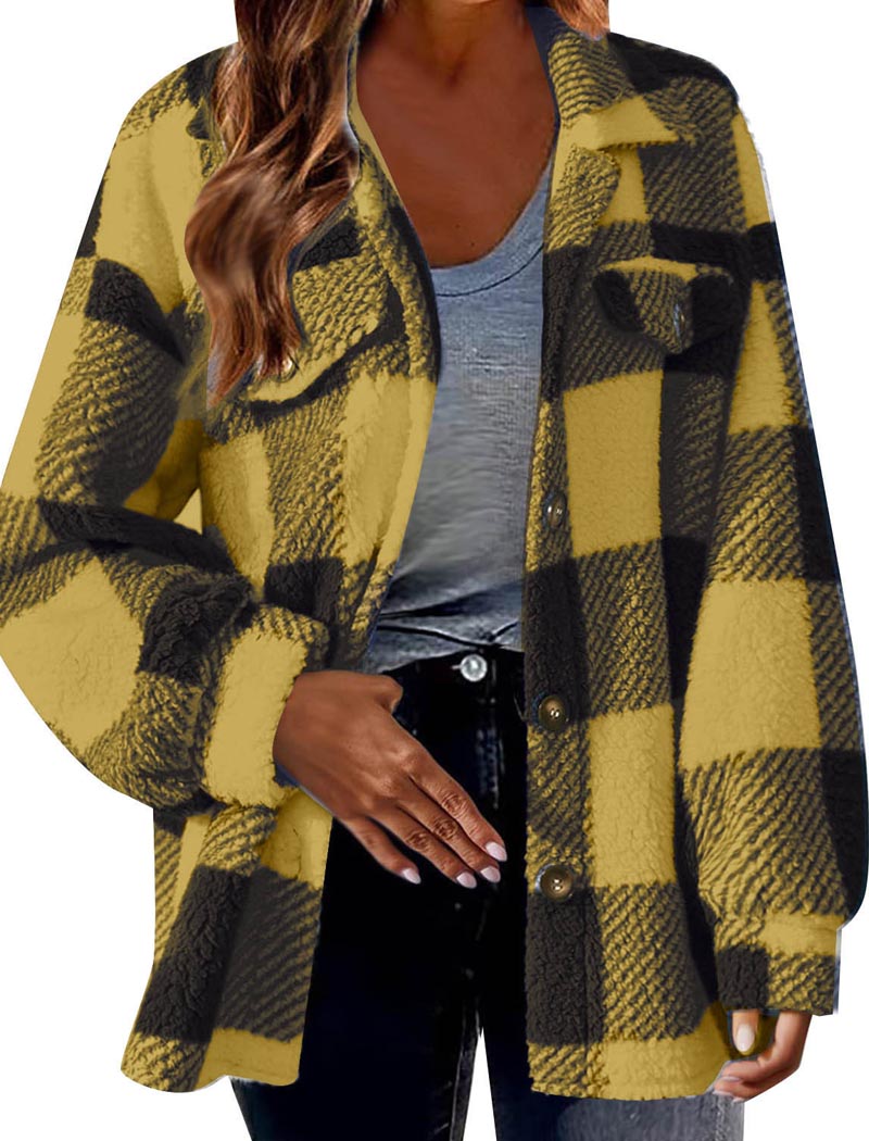 Plaid Sherpa Jacket with Button Closure