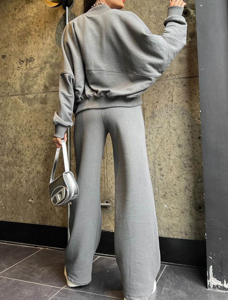 Zip-Up Cropped Jacket and Wide-Leg Pants Set