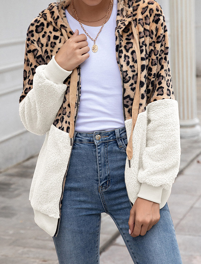 Leopard Print Sherpa Zip-Up Hoodie