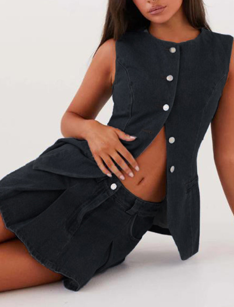 Denim Button-Up Vest and Skirt Set