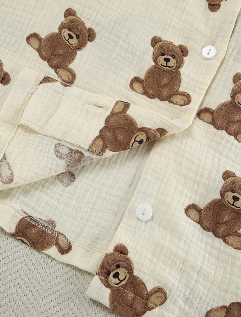 Teddy Bear Print Button-Up Pajama Set