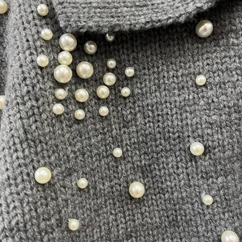 Pearl Detail Collared Long Sleeve Knit Coat