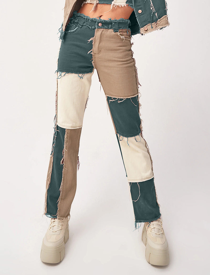 Patchwork Distressed Straight Jeans