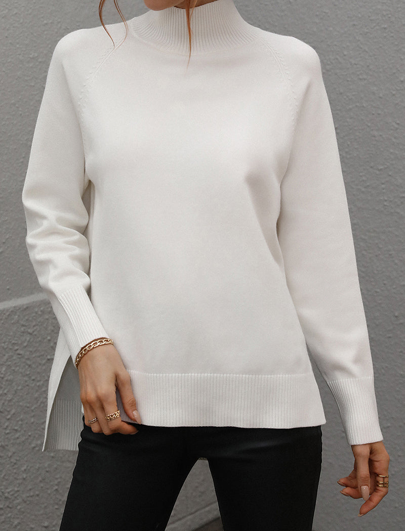 Solid High-Neck Knit Sweater with Side Slits