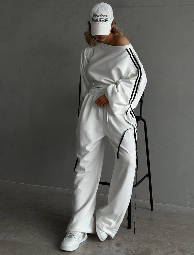 Color-Blocked Drawstring Waist Off-Shoulder Hoodie and Pants Set