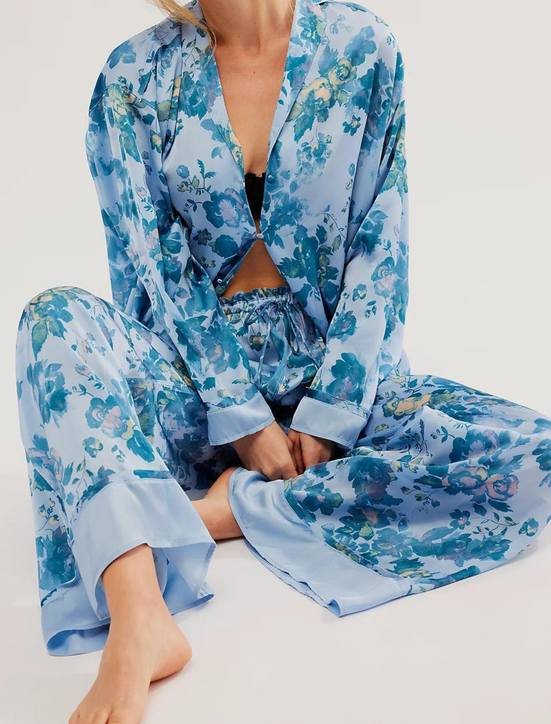 Floral Print Satin Long-Sleeves and Pants Pajama Set
