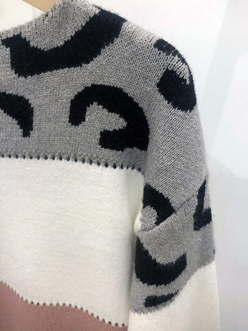 Leopard Print Colorblock Knit Sweater
