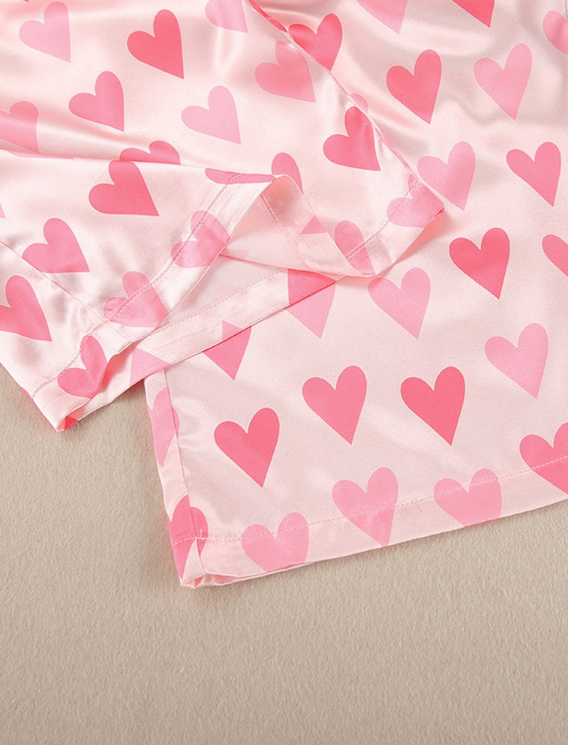 Heart Pattern Button-Up Pajama Set