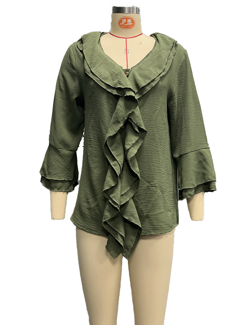 Ruffle Trim Solid Blouse