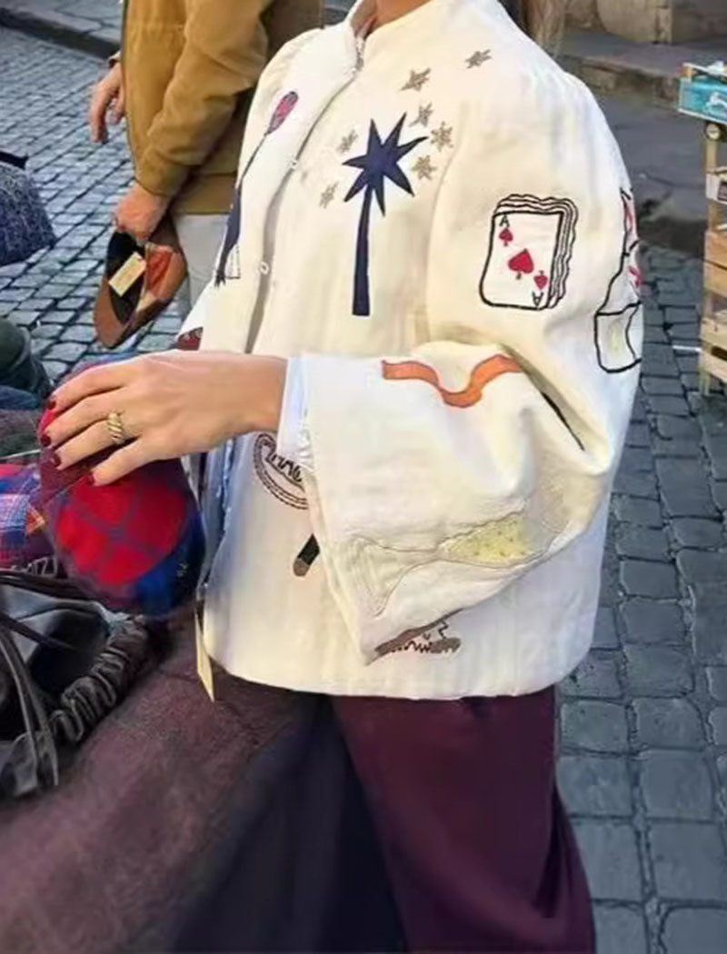 Graphic Patch Embellished Button Jacket