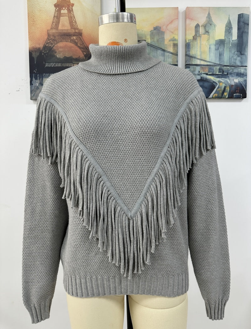 Fringe Knit Turtleneck Sweater with V-Design
