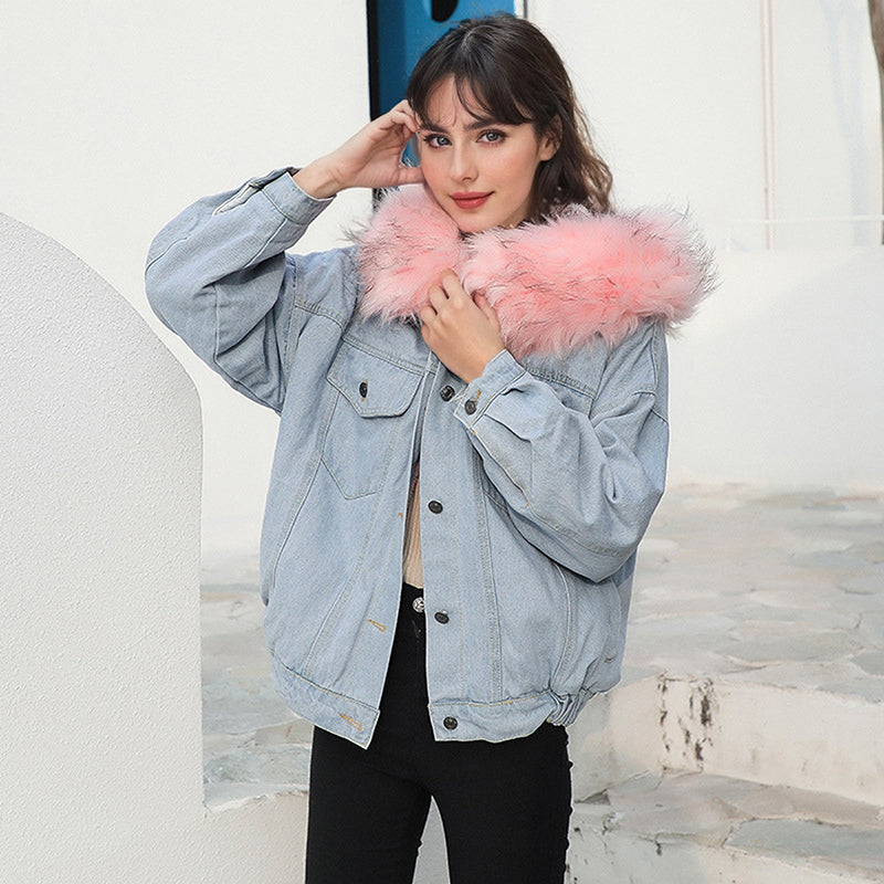 Denim Bomber Jacket with Fur Collar