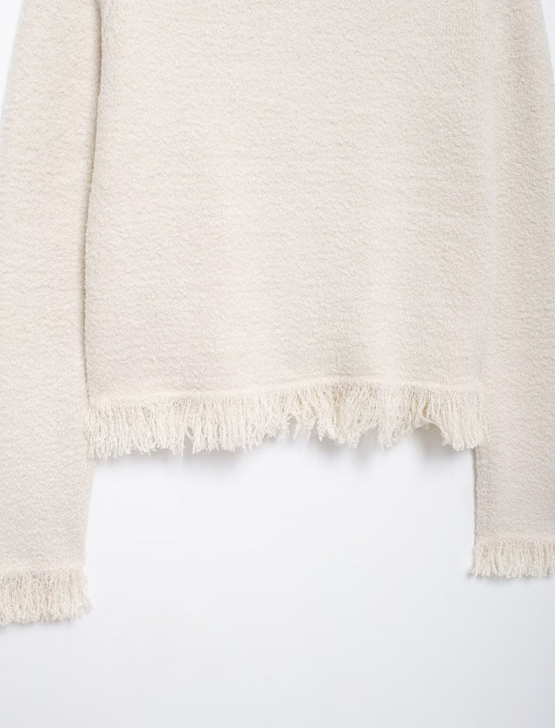 Bow-Detail Fringe Trim Tweed Cardigan