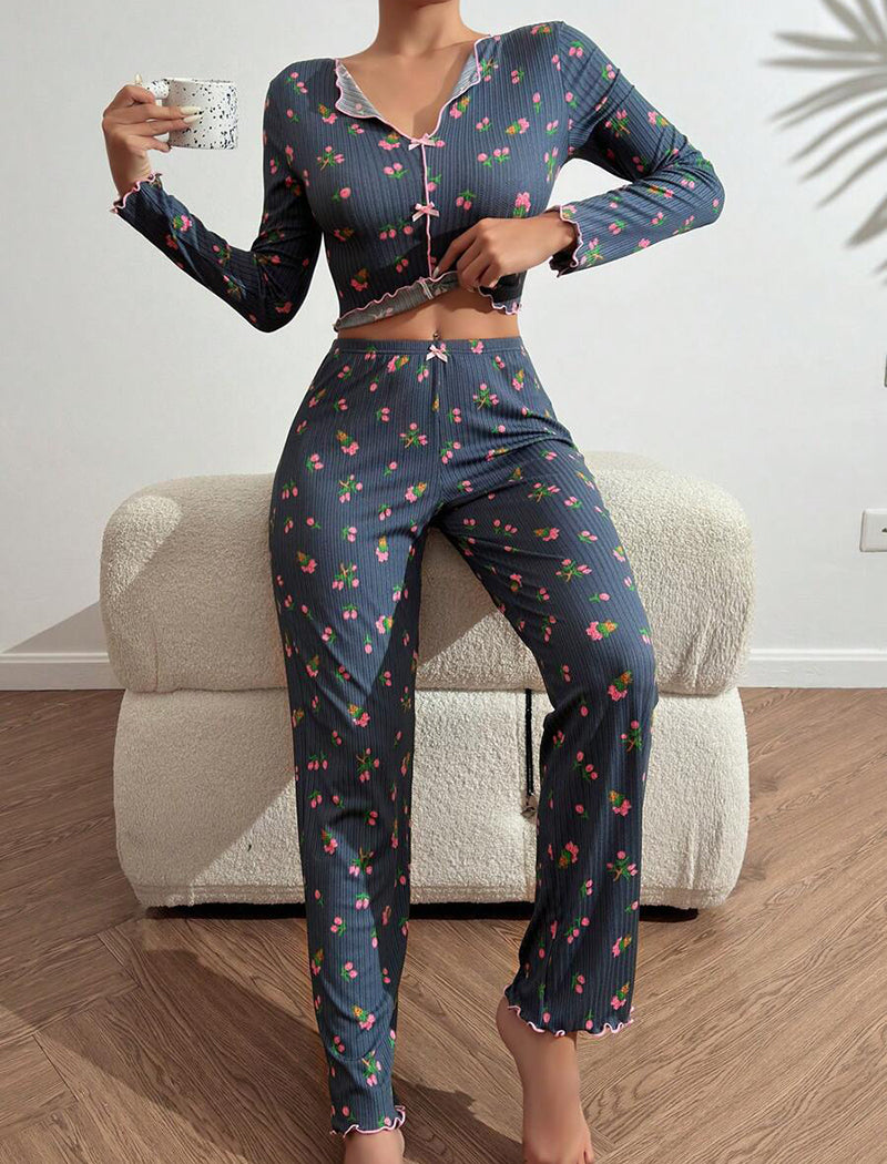 Bow Tie Collar Rolled-Cuff Long Sleeve Pajama Set