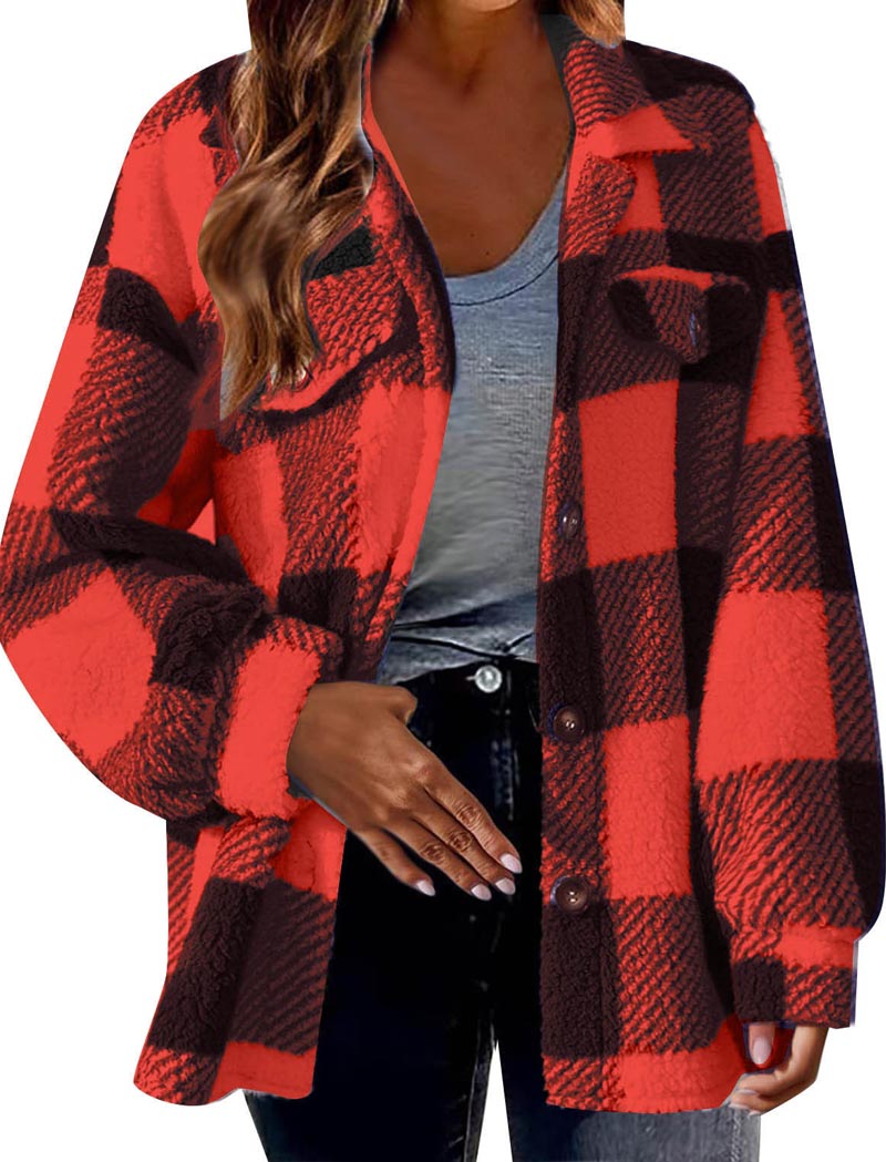 Plaid Sherpa Jacket with Button Closure