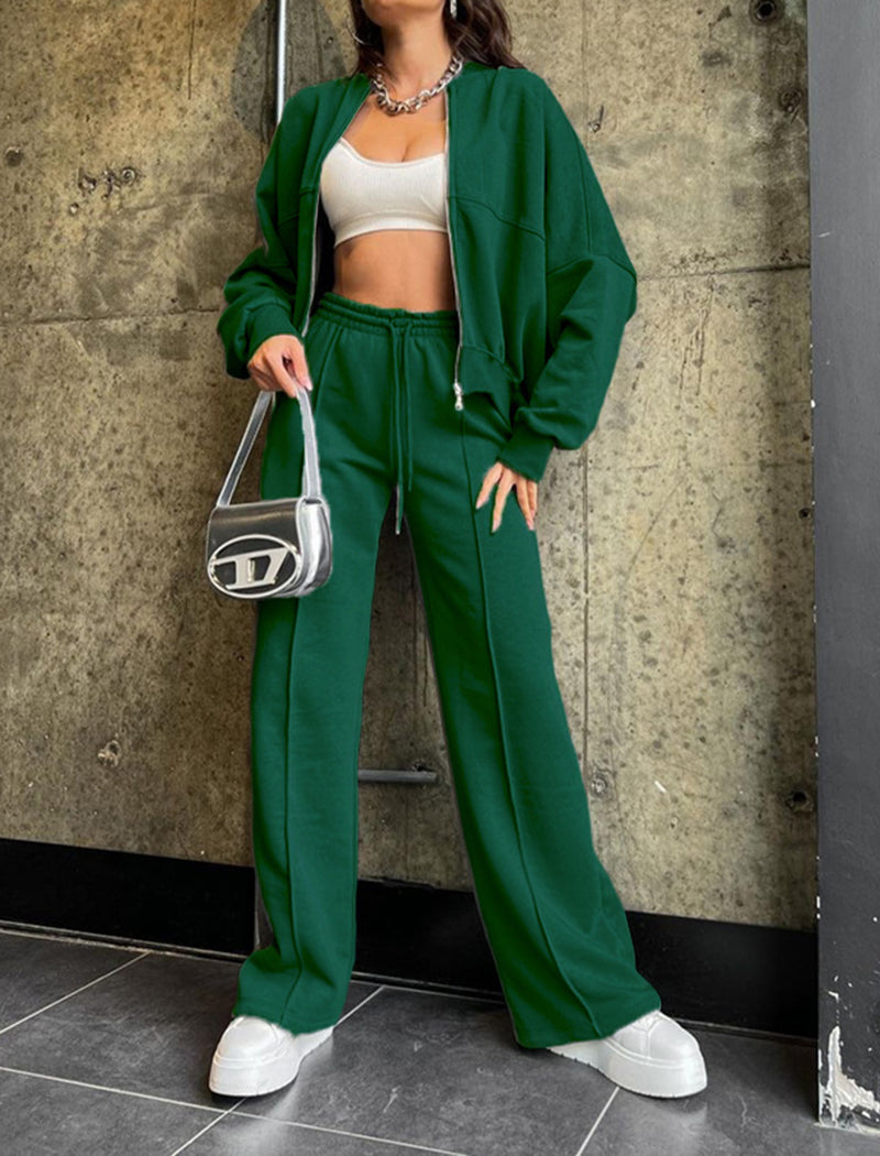 Zip-Up Cropped Jacket and Wide-Leg Pants Set