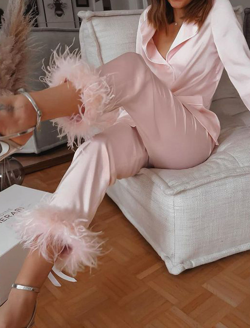 Feather Trim Button-Up Pajama Set