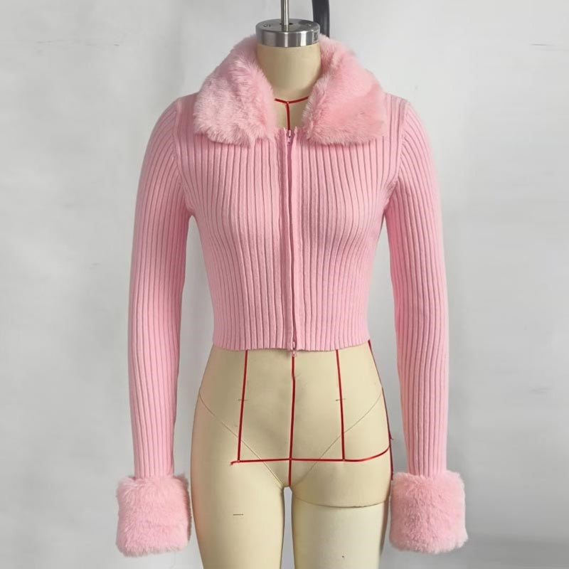 Fur-Trimmed Ribbed Cropped Jacket