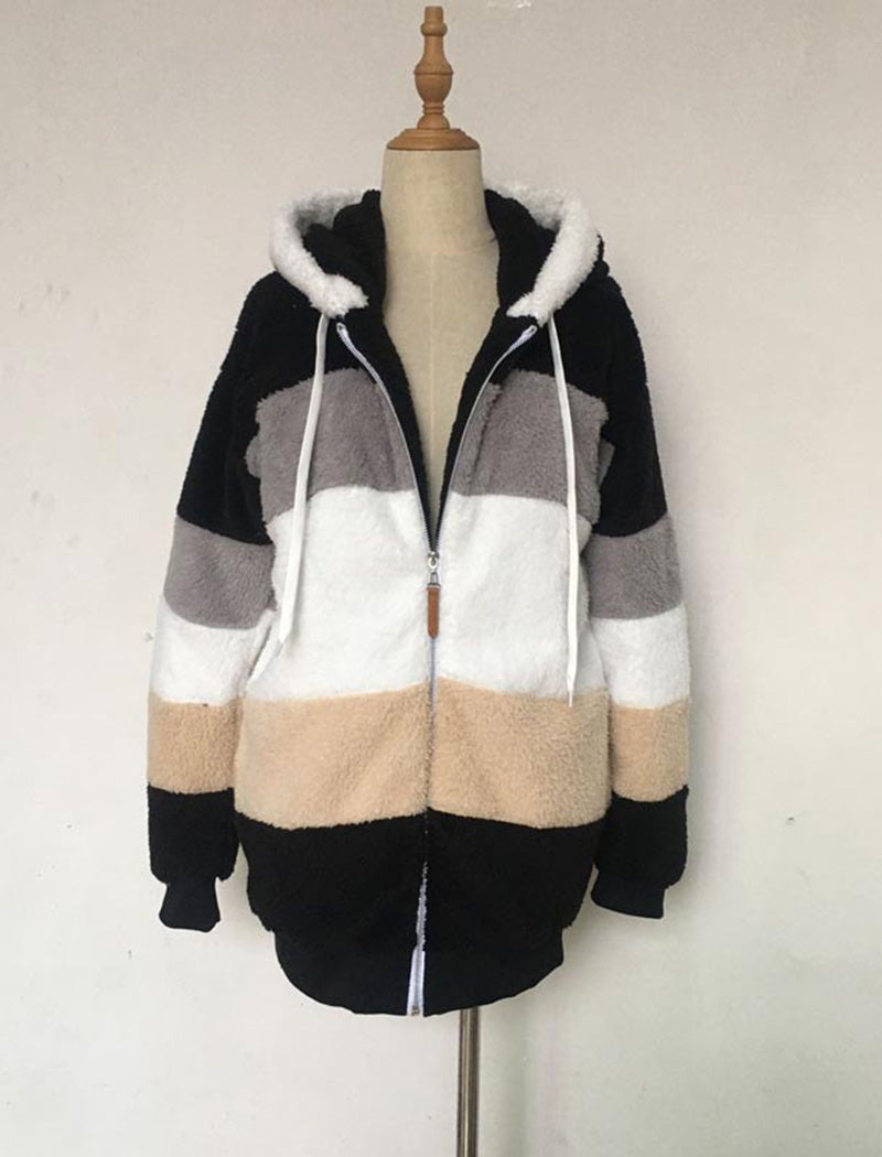 Hooded Patchwork Fuzzy Jacket