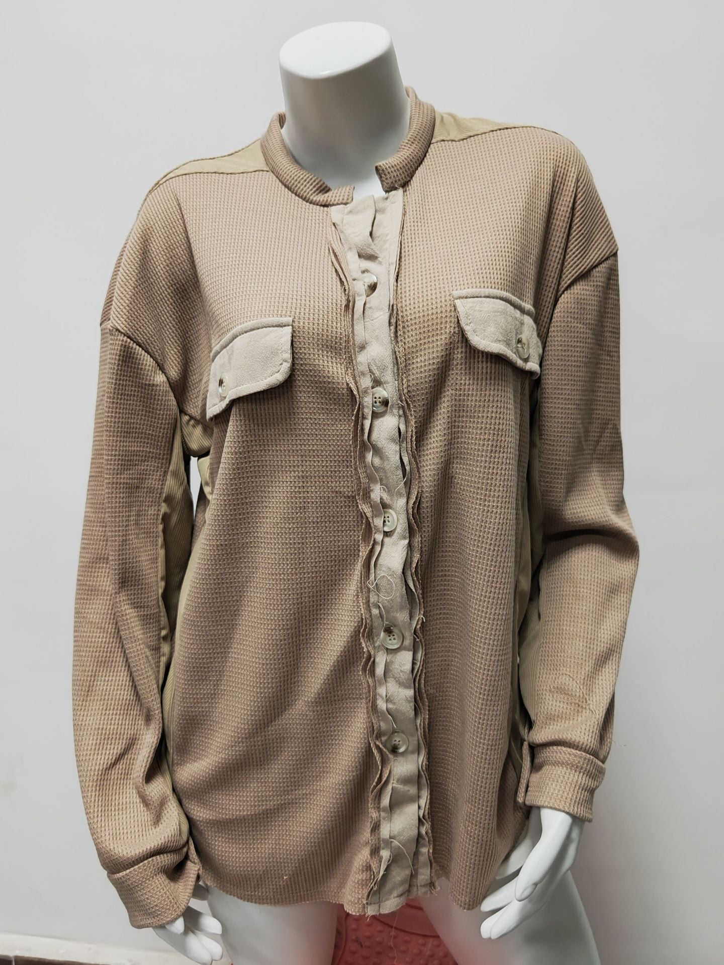 Button-Up Frayed Waffle Shacket