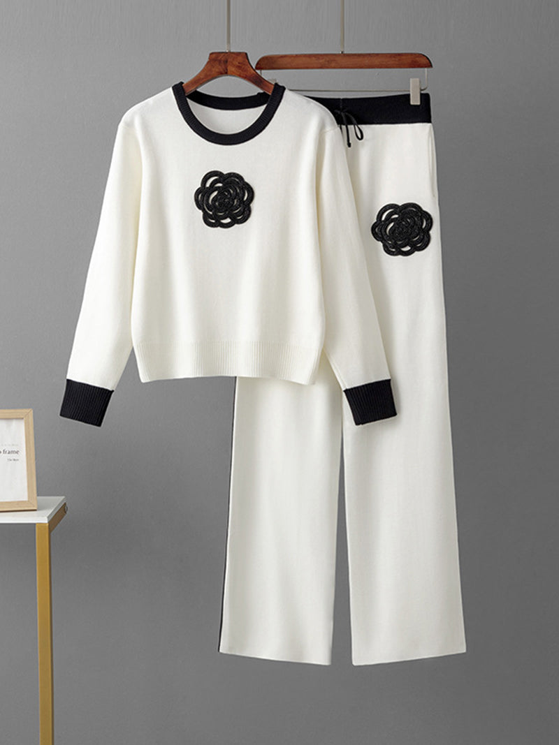 Floral Patchwork Sweater and Wide-Leg Pants Set