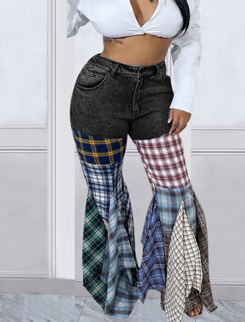 Patchwork Flare Leg Denim Pants