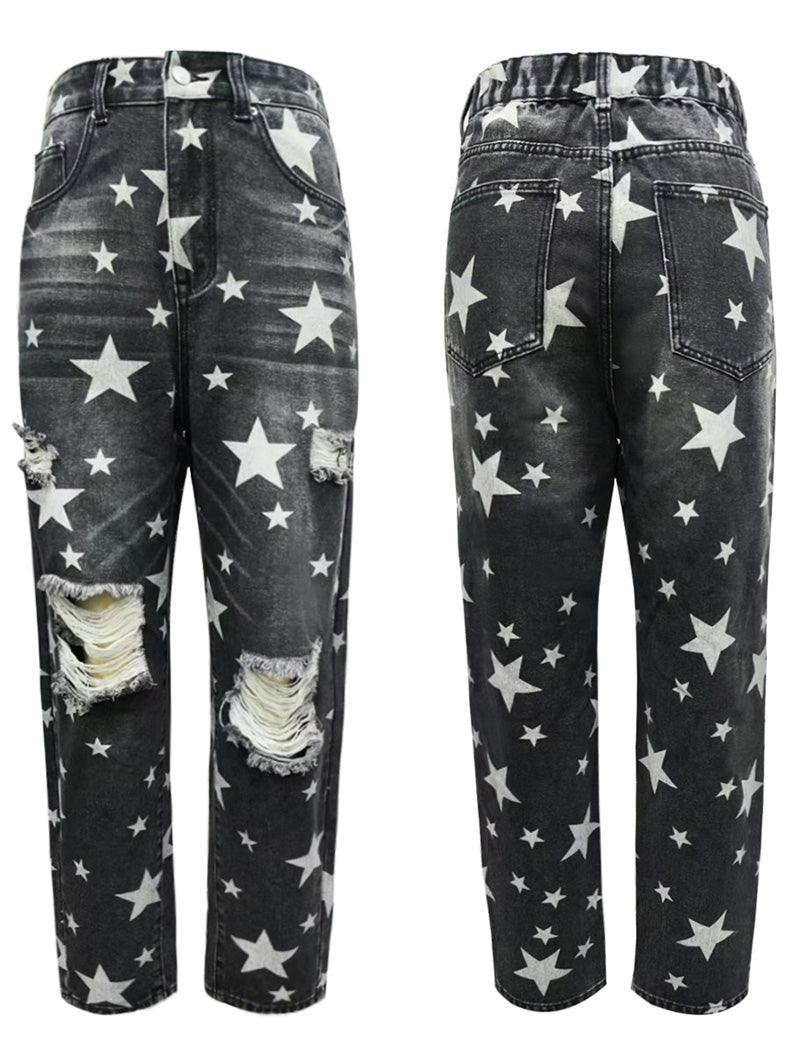 Star Print Distressed Boyfriend Jeans