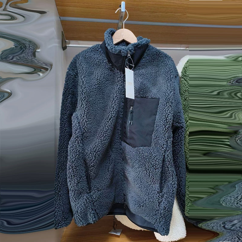 Zipper Windproof Pocket Stand Collar Fleece Coat