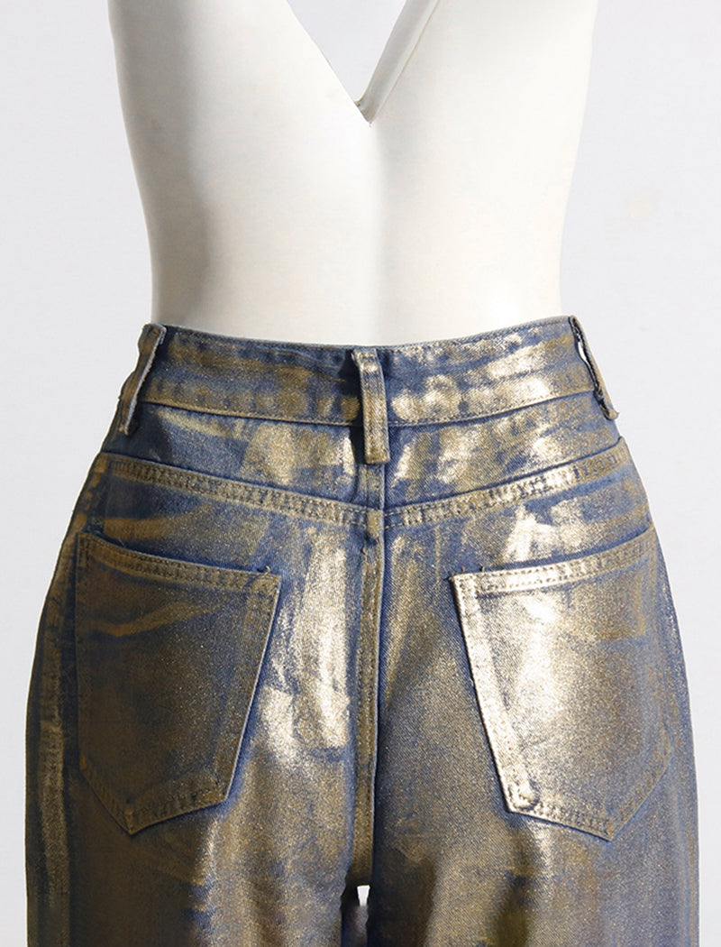 Metallic Wide-Leg High-Waist Pants