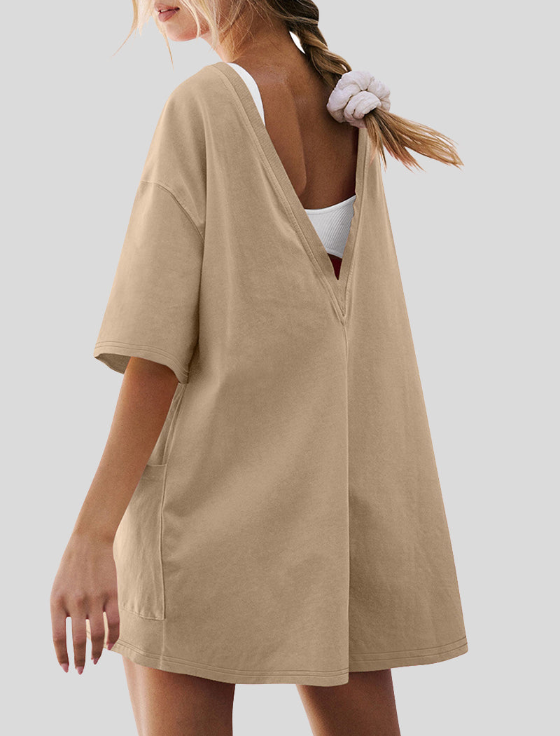 Short Sleeve Backless V-Neck Loose Romper