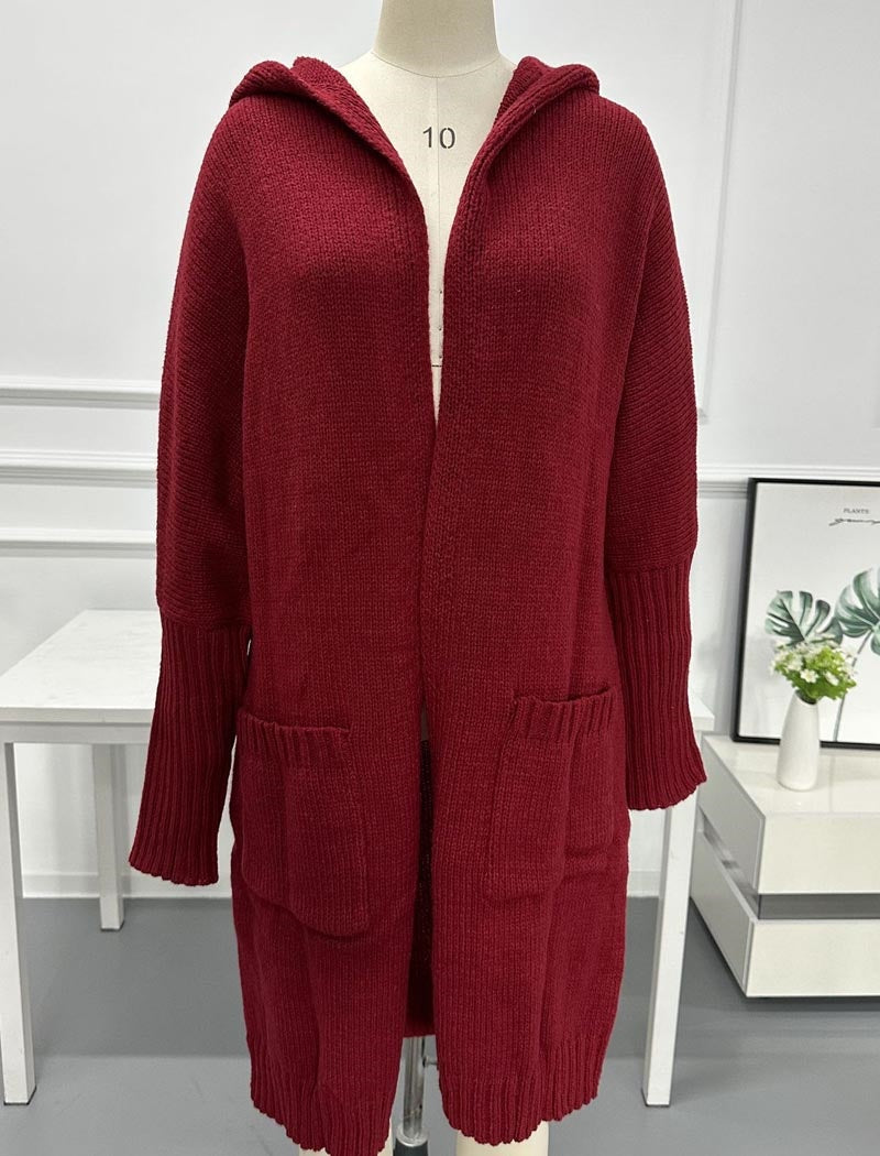 Solid Color Hooded Mid-Length Knit Cardigan