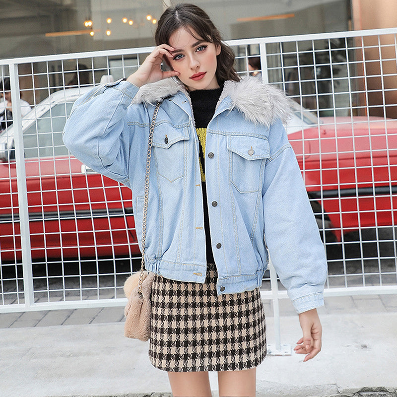 Denim Bomber Jacket with Fur Collar