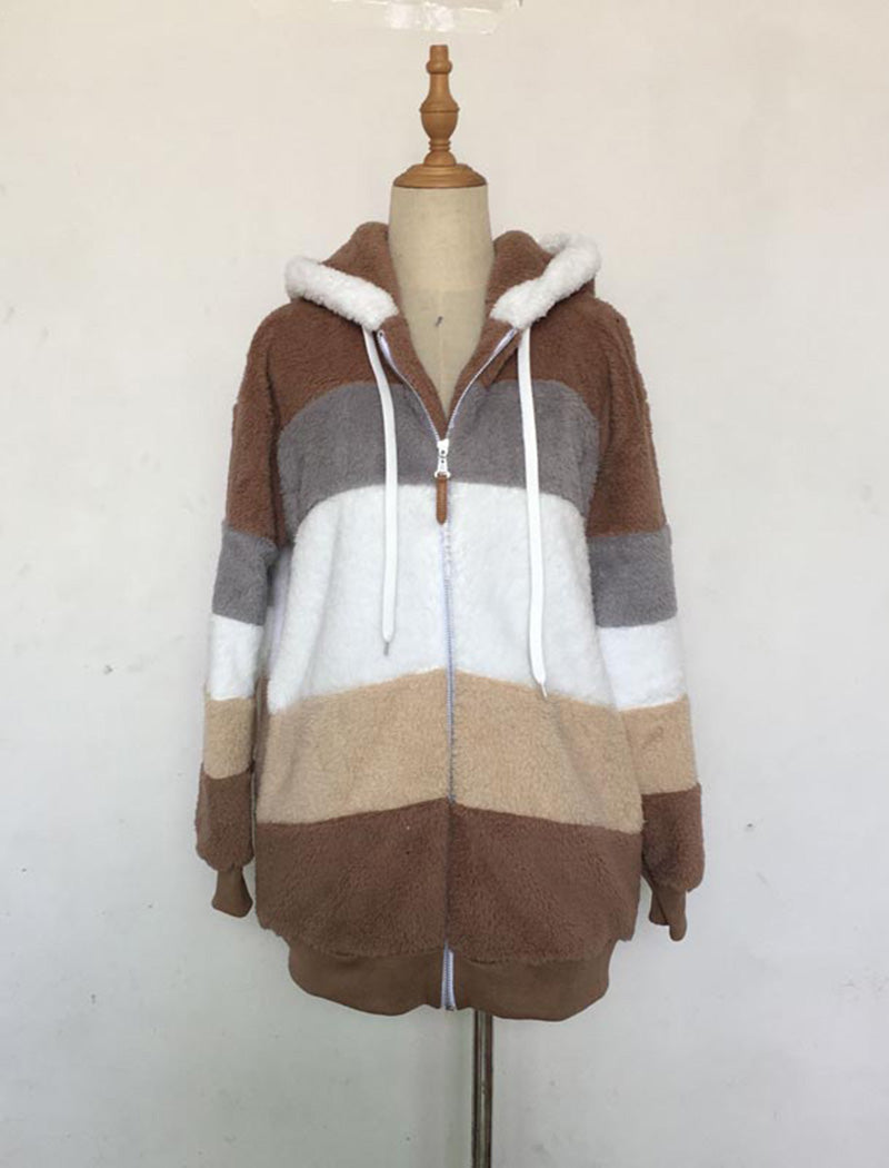 Hooded Patchwork Fuzzy Jacket