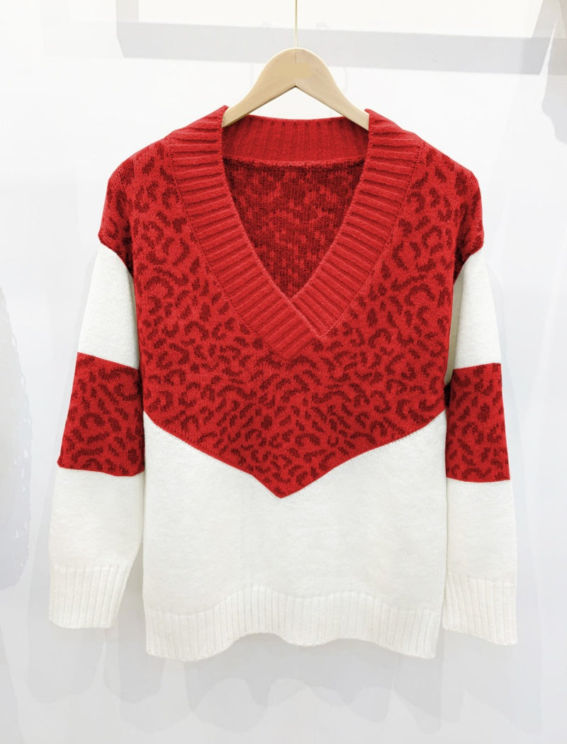 Leopard Print V-Neck Sweater with Colorblock Design