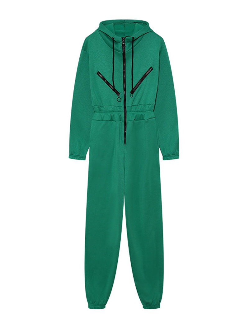 Drawstring Hooded Zip-Up Jumpsuit